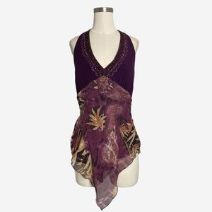 Cache Purple beaded asymmetric handkerchief hem halter top silk tropical Y2K L